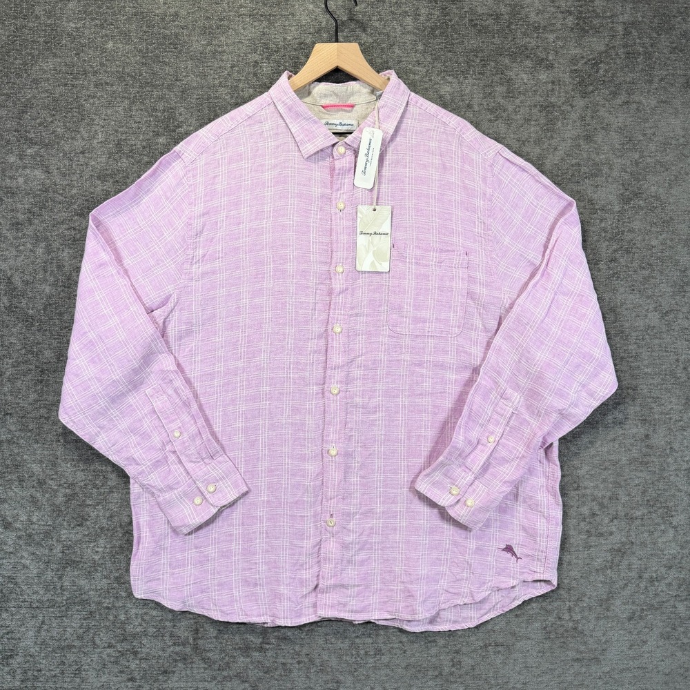 Tommy Bahama Ventana Plaid Shirt XXL Men 100% Linen Pink Long Sleeve NWT